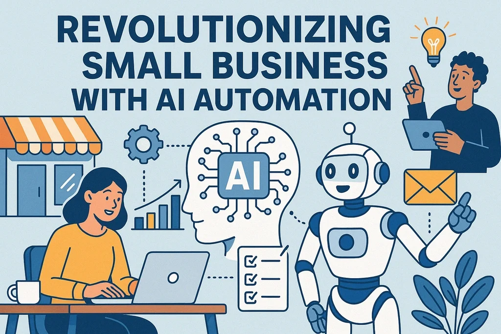 Illustration showing "Revolutionizing Small Business With AI Automation" with a robot, a woman using a laptop, business icons, and a person holding a tablet and lightbulb to highlight AI automation driving small business growth.