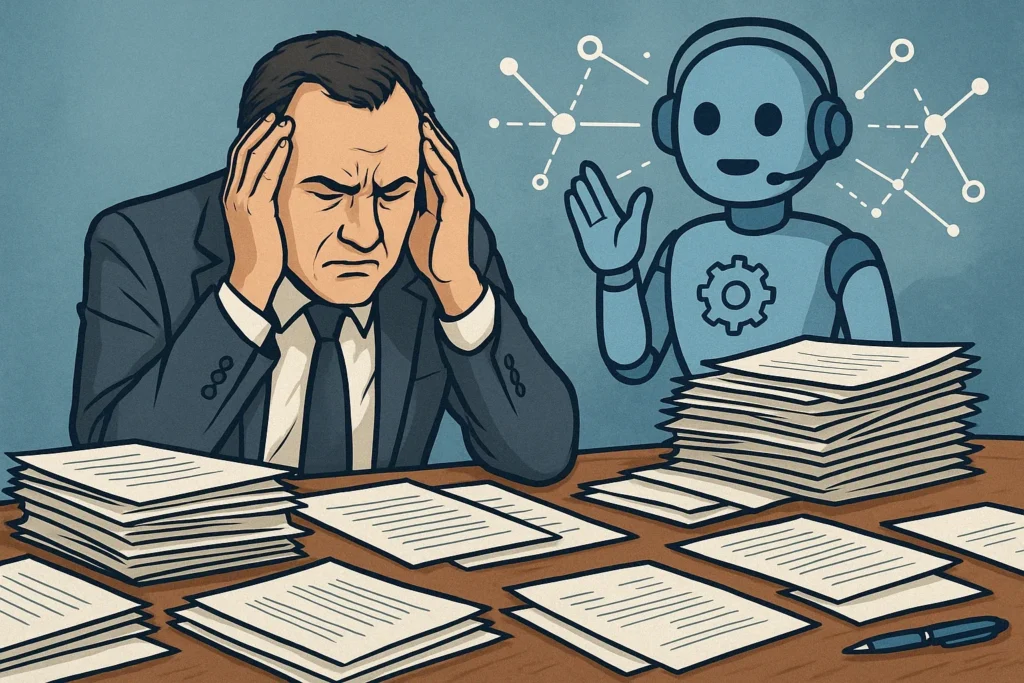 A frustrated man in a suit sits at a desk piled with papers, holding his head, while an AI integration consultant robot wearing a headset smiles and waves beside him with more stacks of papers. Abstract network graphics appear behind them.