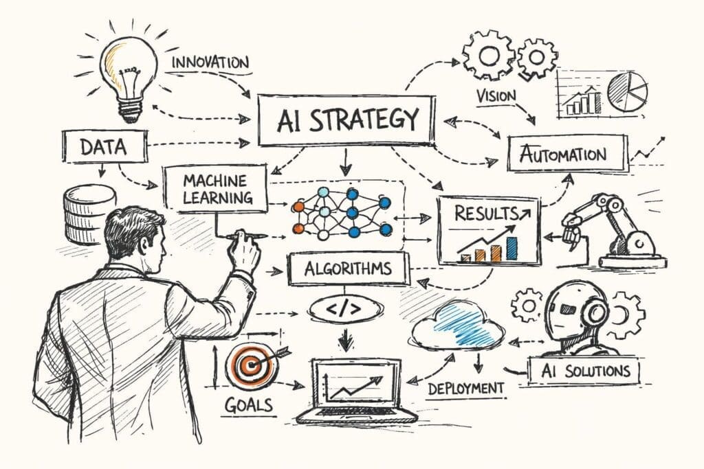Fractional CAIO strategic planning sketch showing AI strategy framework with data, machine learning, automation, and deployment workflows