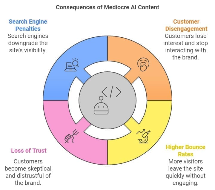 Consequences of Mediocre AI Content An infographic titled "Consequences of Mediocre AI Content" features a circular diagram. Sections highlight: Search Engine Penalties, Customer Disengagement, Higher Bounce Rates, and Loss of Trust, each with an icon and brief explanation.