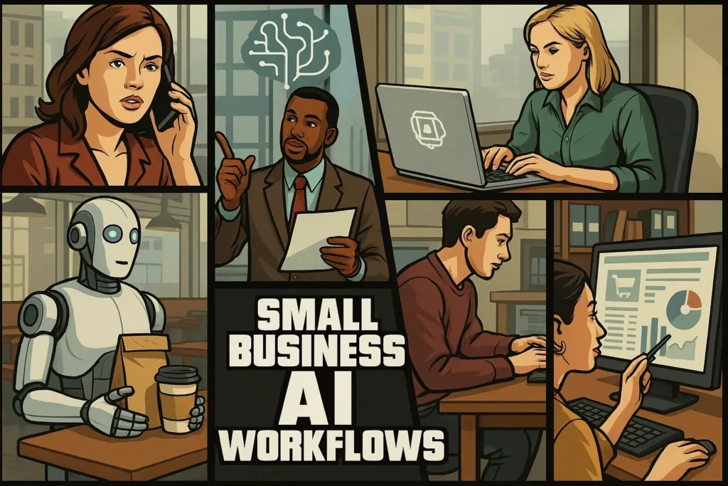 A collage shows professionals and a robot working in an office—using laptops, charts, coffee—highlighting ai workflow automation.