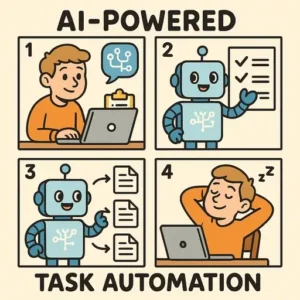 A four-panel comic shows a person working, an AI robot completing tasks, the robot handling more documents, and finally the person relaxing as their work is automated