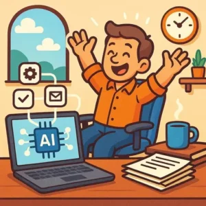 Cartoon man in an orange shirt smiles and raises his arms at a desk with a laptop displaying "AI," showcasing AI workflow automation for small business. Papers, a coffee mug, and task icons float nearby; window, clock, and plant are in the background.