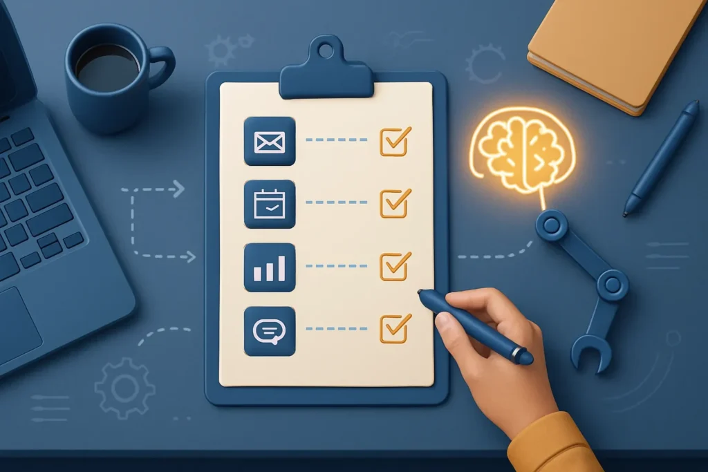 A hand checks off items on a clipboard with icons for email, calendar, charts, and chat. A laptop, coffee cup, notebook, pen, and a glowing brain illustration suggest an AI workflow designed to help business owners stay organized.