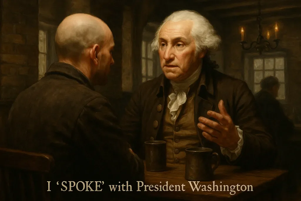 Two men sit at a wooden table in a dimly lit room, engaged in business conversation. One resembles George Washington. Both have mugs in front of them. Text at the bottom says, "I 'SPOKE' with President Washington on Presidents' Day.