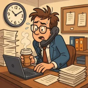 A stressed office worker in a suit juggles a phone call, a coffee cup, and typing on a laptop amid tall stacks of paperwork—wishing to turn chaos into business success as the office clock shows 9:00.