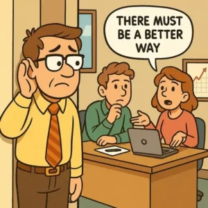 Three concerned office workers at a small business are in a meeting. One man stands by the door, listening, while a woman at the table gestures and says, "There must be a better way—maybe AI workflow automation?" Another man sits beside her, looking thoughtful.