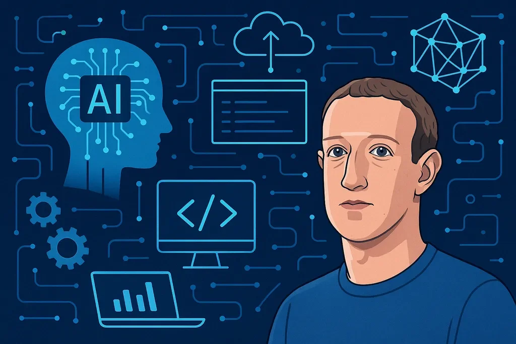 An illustrated man stands before digital icons—a brain labeled “AI,” code screens, a cloud upload, gears, and network nodes—symbolizing technology, software development, and artificial intelligence in a Zuckerberg-inspired style.