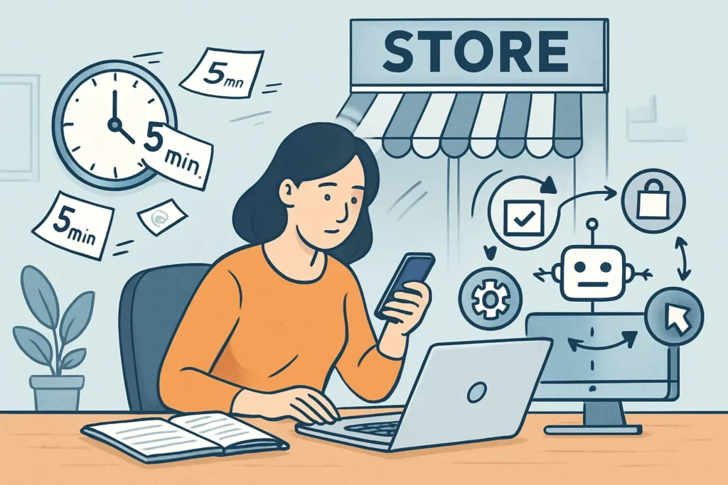 Small business owner using automation tools to save time on repetitive tasks like scheduling and customer service, with 5-minute time loss visuals and store setting.