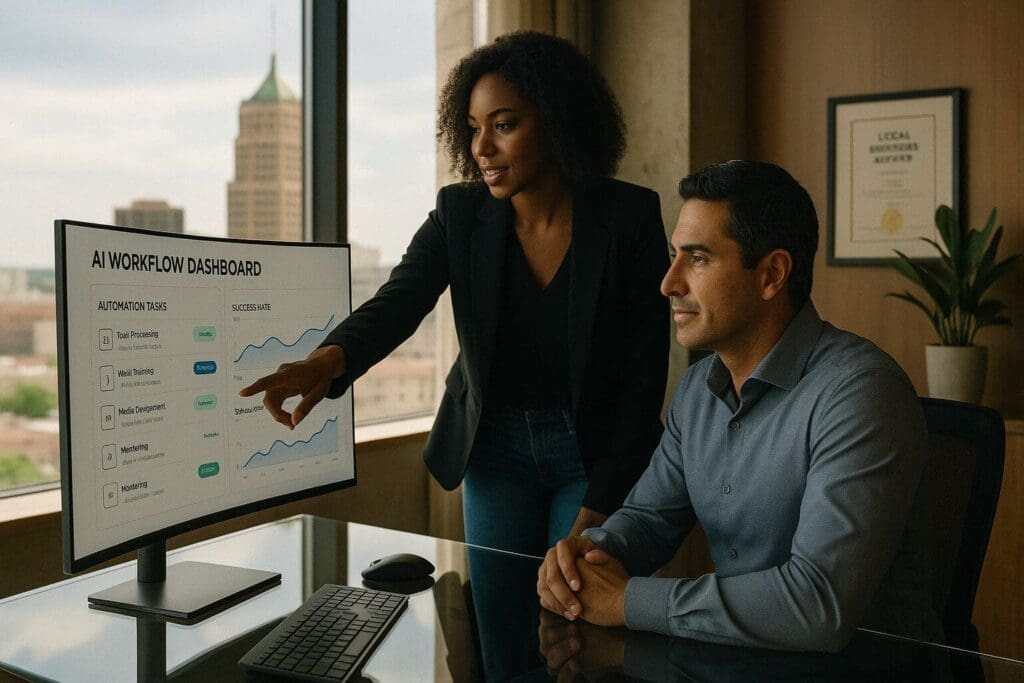 Two professionals review an AI strategy dashboard together in a modern San Antonio office
