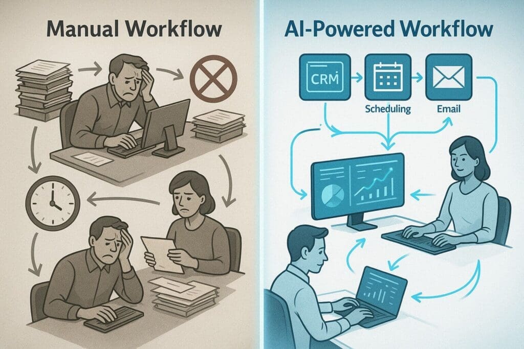 Side-by-side comparison showing manual paperwork chaos on the left and a streamlined AI strategy workflow on the right