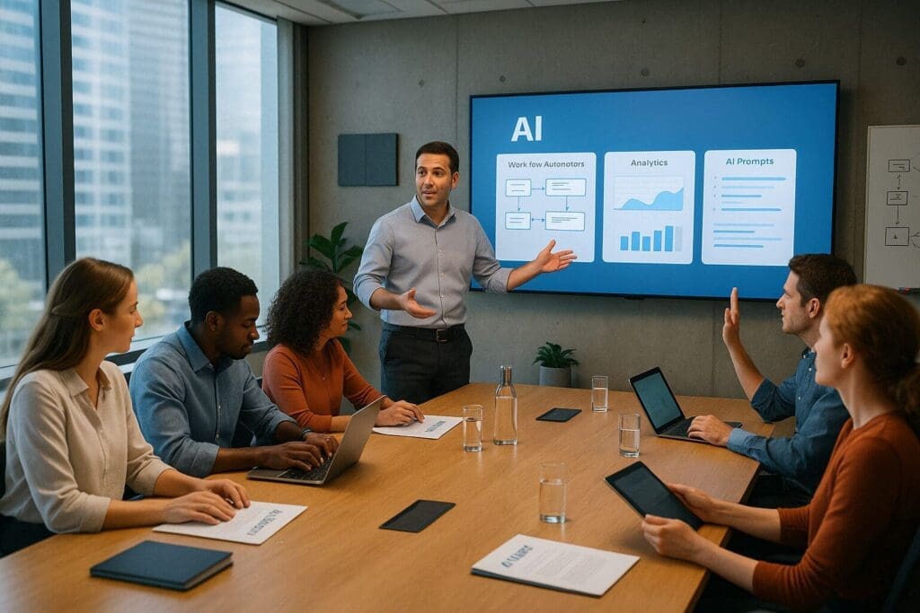 Business owner leading a training session in a conference room with employees using laptops and tablets