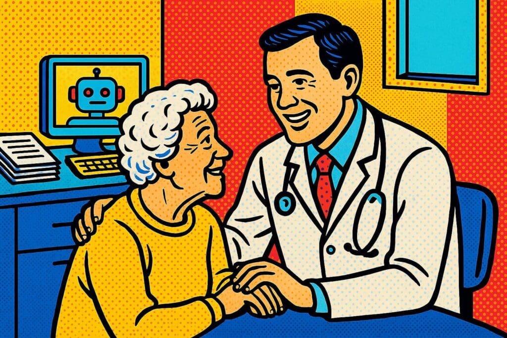 Doctor consulting a patient with AI handling administrative tasks in the background